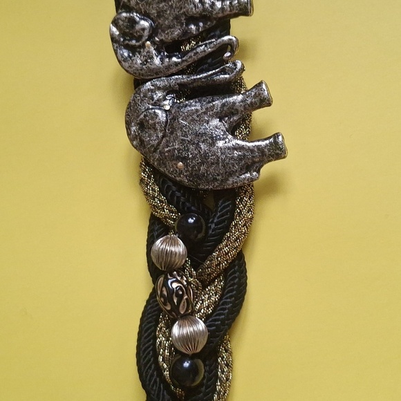 Vintage Carolyn Tanner Elephant Statement Belt – Black & Gold Braided Adjustable
